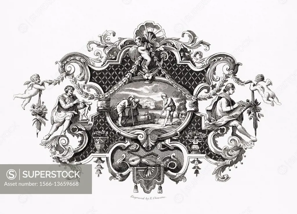 Impression from a silver tankard. Designed by Hogarth from The Works of Hogarth published London 1833.