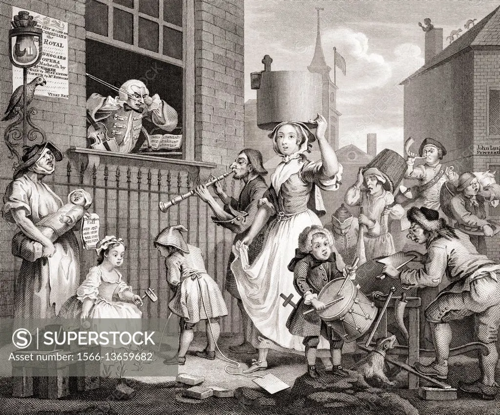 The Enraged Musician. From the original design by Hogarth from The Works of Hogarth published London 1833.