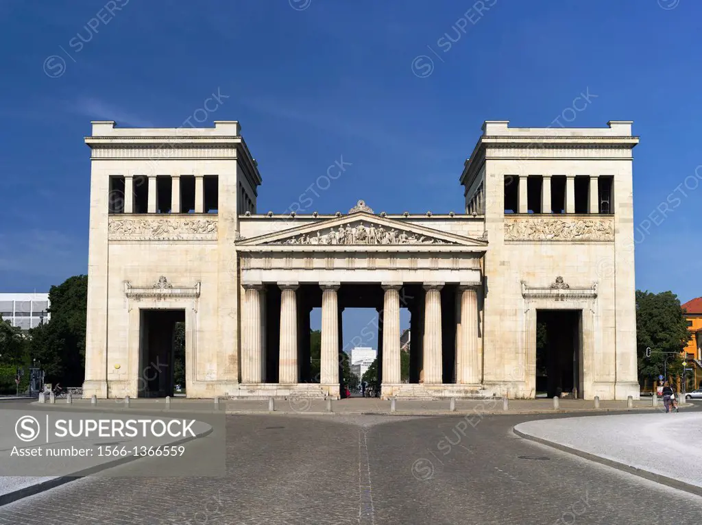 The Propylaea near Konigsplatz in Munich. The Propylaea have been commisioned by King Ludwig the first and buildt by Leo von Kleinze. Europe, central ...