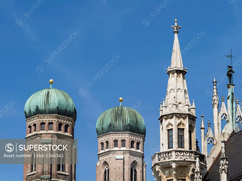 The New City Hall in Munich at Marienplatz, one of the icons of Munich. It was finished in 1906 and was build in neo gothic style.The steeples of the ...