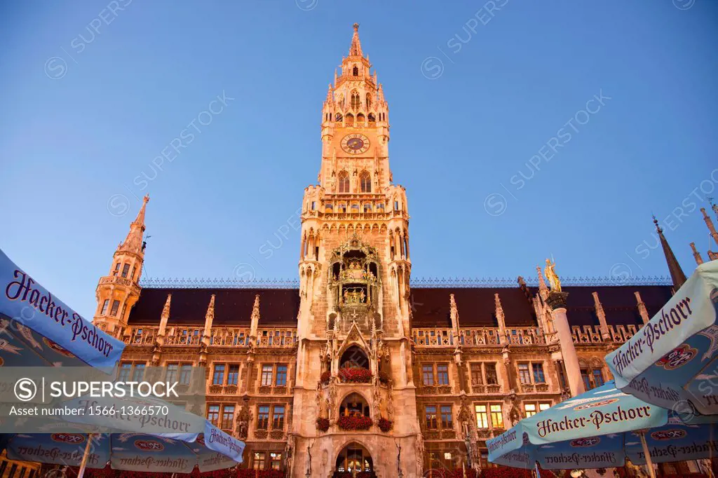the new townhall Neues Rathaus on the central square Marienplatz in Munich, Bavaria, Germany.