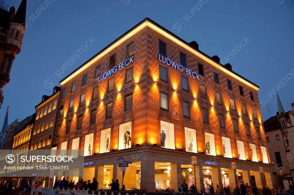 department store Ludwig Beck on Marienplatz in Munich at night, Bavaria, Germany.