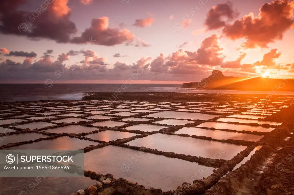 Sunrise in Salt Pans, Gozo island, Malta.