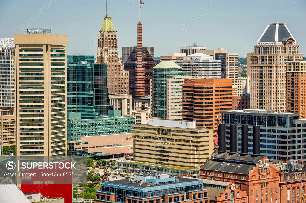 Maryland, Baltimore - Cityscape of the city of Baltimore and the harbor, popular Maryland attraction.