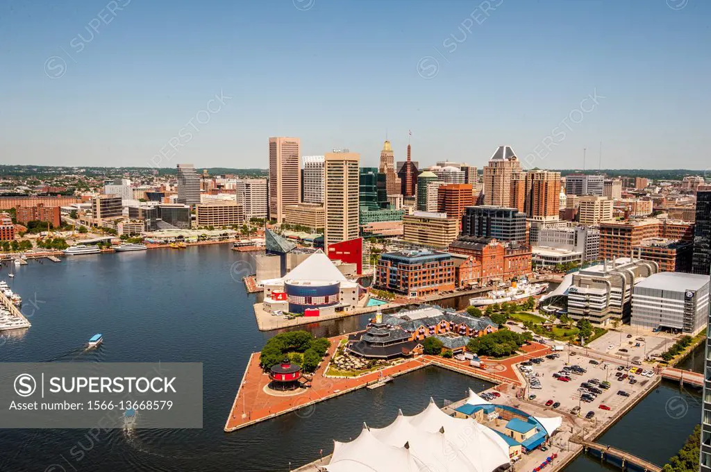 Maryland, Baltimore - Cityscape of the city of Baltimore and the harbor, popular Maryland attraction.