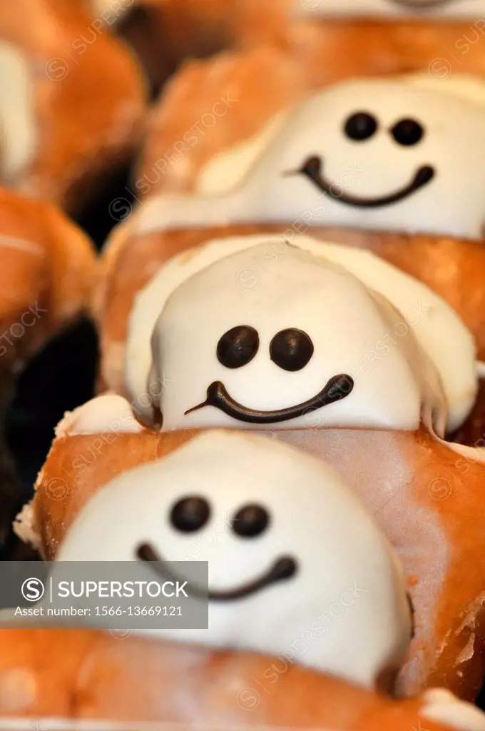 Pastries shaped like a smiling human being. Barcelona, Catalonia, Spain.