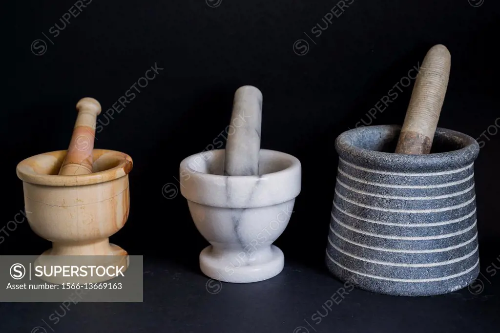 International collection of mortar and pestle sets from (left to right) Pakistan, Italy, and Brazil.