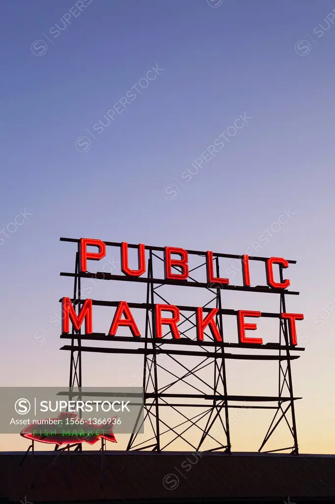 Pike Place Market Neon Signs at duskSeattle, Washington.