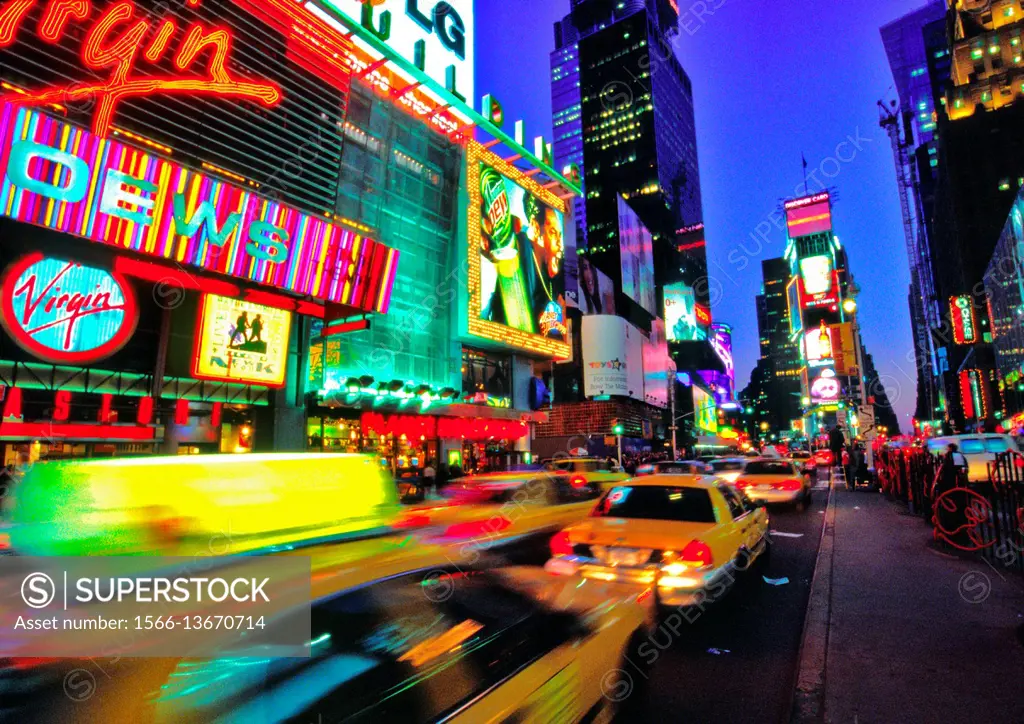times square new york city at night with light streams