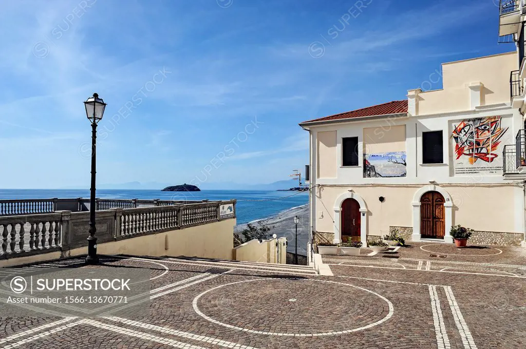 View the painting village of Diamante, in the background the small island of Cirella, Cosenza district, Calabria, Italy, Europe.