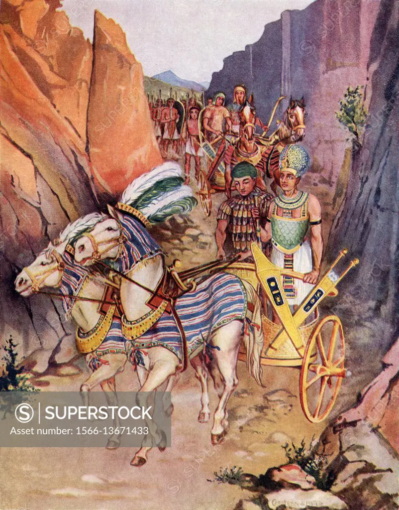 Thothmes III Leading His Army Through The Pass of Aaruna. Illustration by Constance N Baikie from the book, The Ancient East and its Story, by James B...