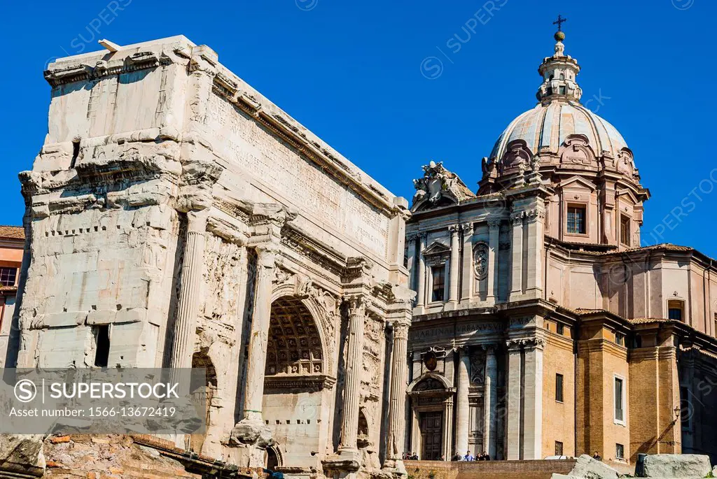 Arch of Emperor Septimius Severus. Forum of Caesar, landmark of antique Rome. Roma, Lazio, Italy, Europe.
