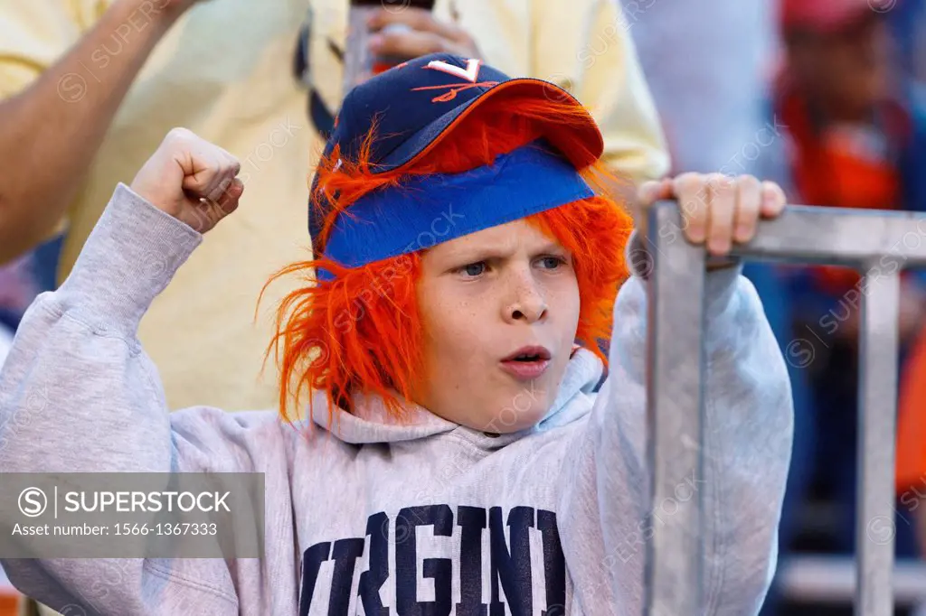 Oct 15, 2011; Charlottesville VA, USA; A Virginia Cavaliers fan cheers in the stands against the Georgia Tech Yellow Jackets during the third quarter ...