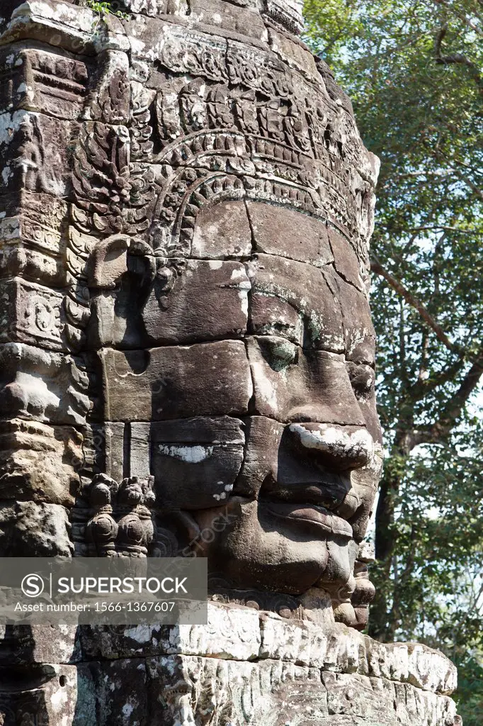 Giant Stone Faces of Bayon on the Temple Compund of Angkor, Cambodia