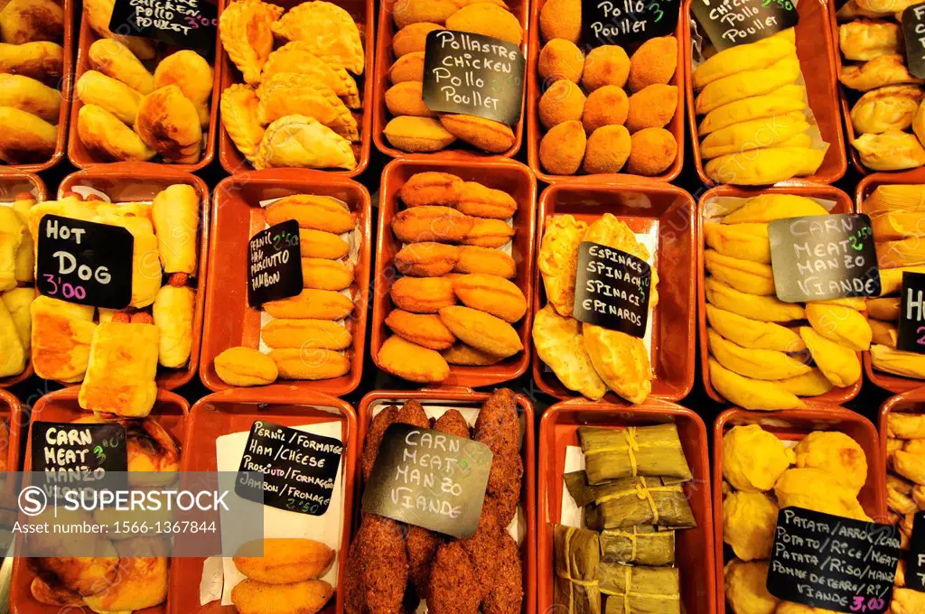 Selection of croquettes and empanadas at Sant Josep (aka La Boqueria) market, Barcelona, Catalonia, Spain