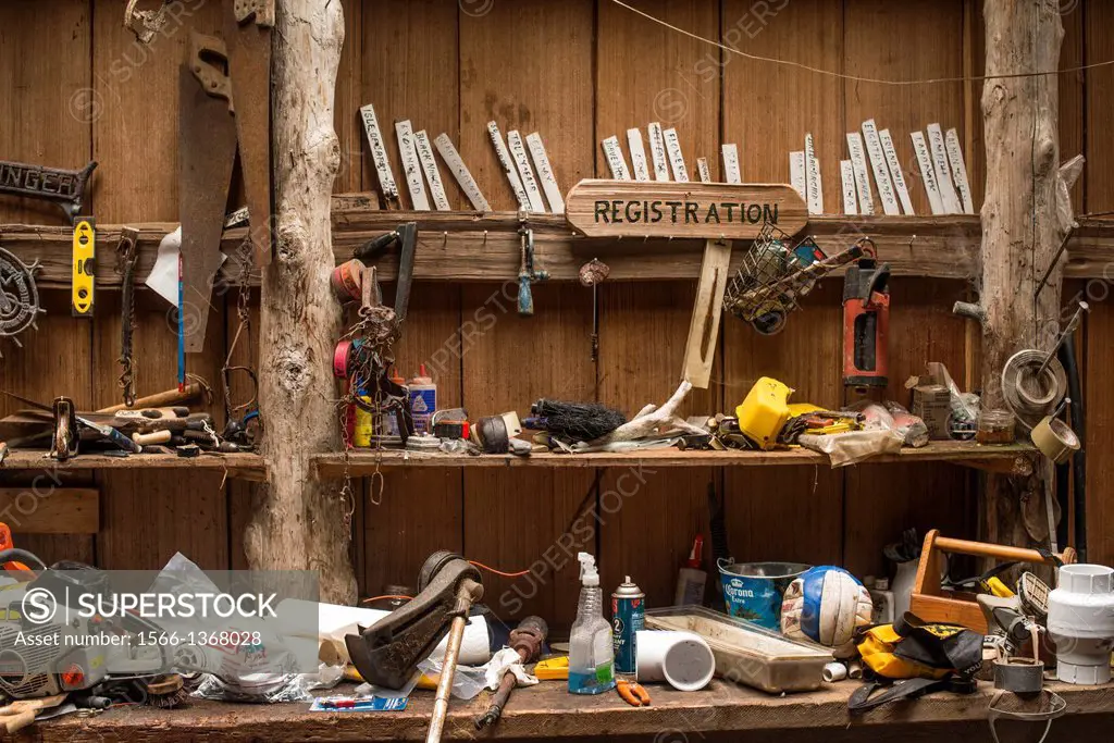 A cluttered workshop on the Hesquiat Peninsula, Vancouver Island, BC, Canada