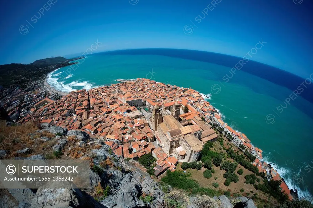 View over the city and Cathedral of Cefalu on the island of Sicily, Italy
