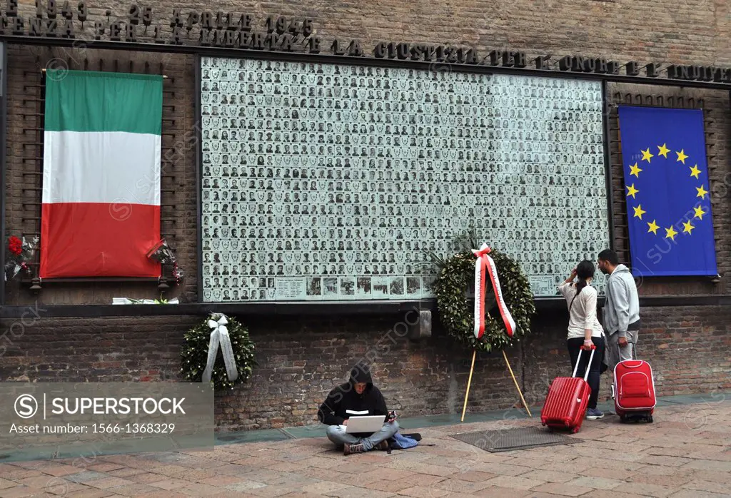 Bologna, Italy, photos of Partigiani that died during the Second World War, in Piazza del Nettuno