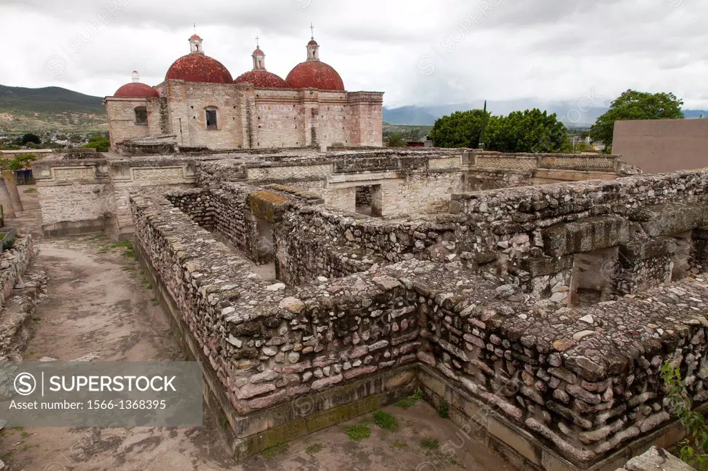 Church of San Pablo and archaeological constructions at Mitla, Oaxaca, Mexico.