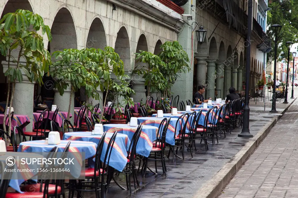 A restaurant and it´s tables, Downtown Oaxaca City, Oaxaca, Mexico.