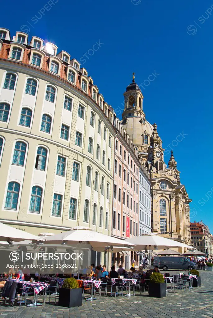 Cafe and restaurant terraces Neumarkt square Altstadt the old town Dresden city Germany central Europe.