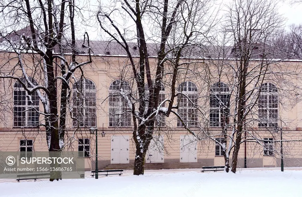 Stara Pomaranczarnia building in winter, facade of Old Orangery building, Lazienki Krolewskie, Lazienki Park, Royal Baths Park, Warsaw, Poland, Europe