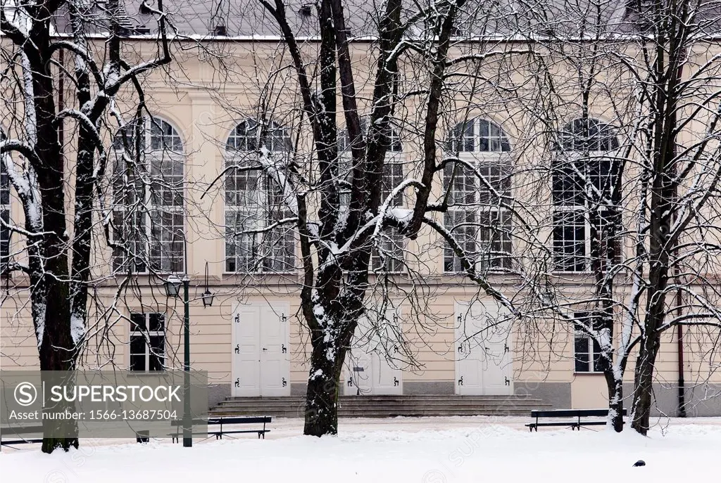 Side facade of Stara Pomaranczarnia in winter, side facade of Old Orangery building, Lazienki Krolewskie, Lazienki Park, Royal Baths Park, Warsaw, Pol...