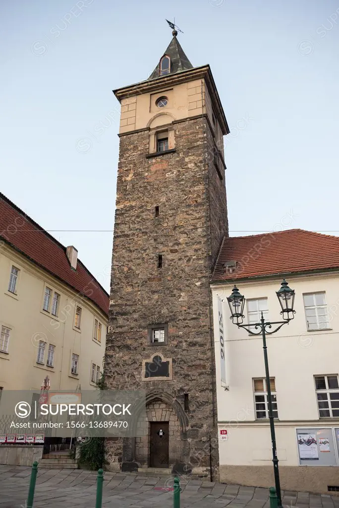 Old Water Tower called Cerna vez (black tower) in Pilsen city, Czech Republic.