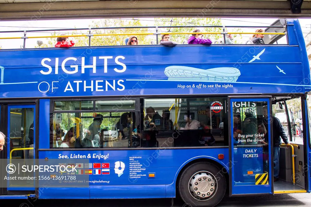 Tourist blue bus of the magical city of Athens