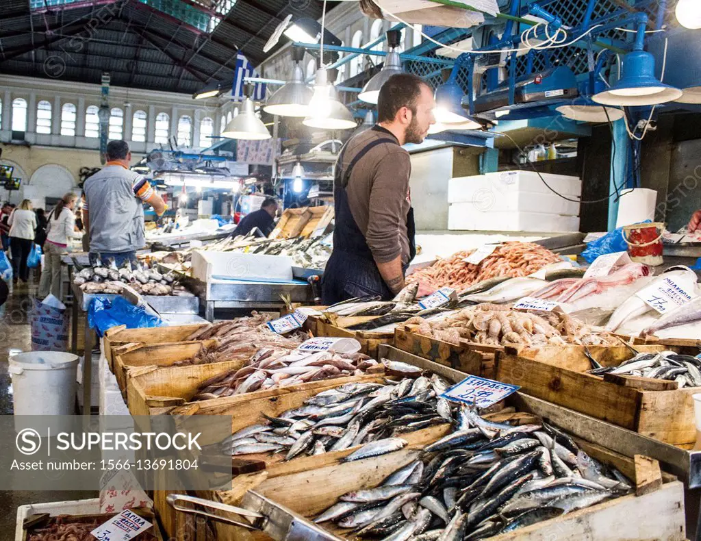 Meat and fish market in Athens, Greece where you can see the exposed meat and fish on the etalage.