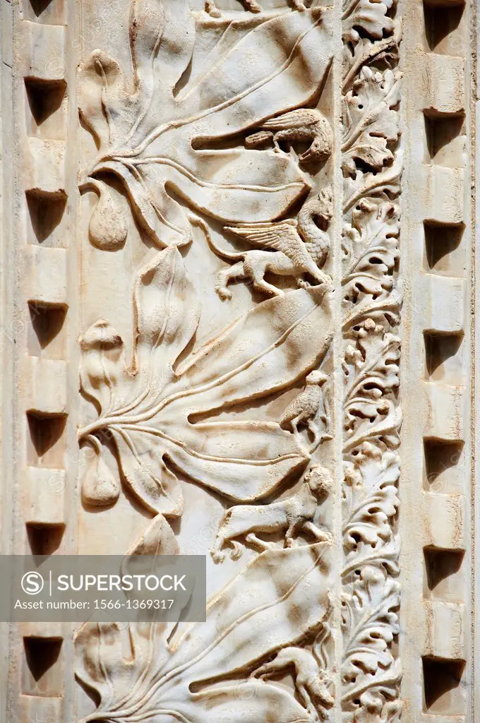 close up of Gothic bas-relief sculptures on the facade of the Gothic-Renaissance Duomo of Florence, Basilica of Saint Mary of the Flower; Firenza ( Ba...