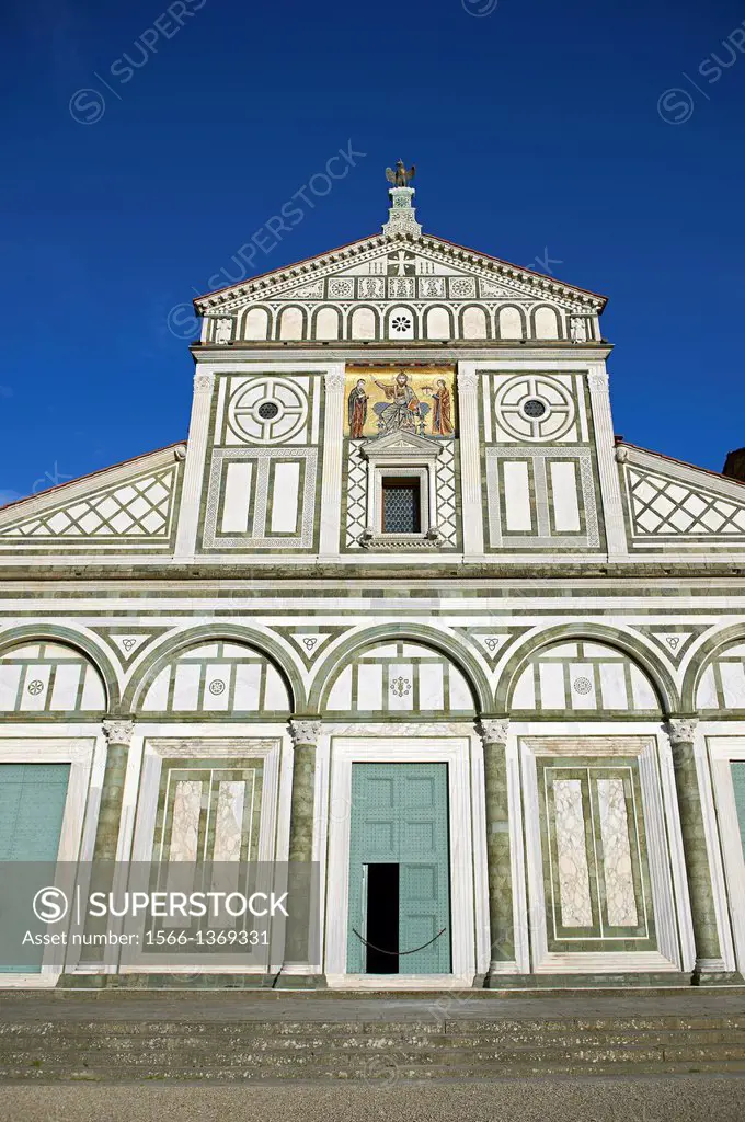 The Romanesque marble facade & mosaic begun in about 1090 of San Miniato al Monte (St. Minias on the Mountain) basilica , Florence, Italy.