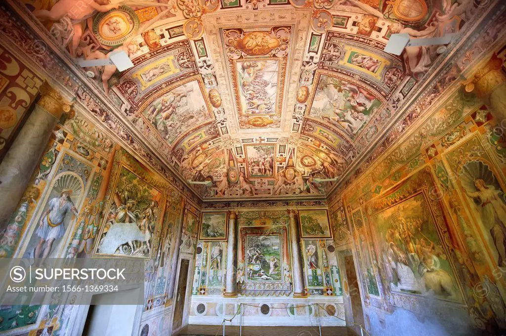 First Tribune Room ( Prima stanza tribune). The room was probably decorated by Cesare Nebbia in 1569, and the depictions depict the first legendary ac...