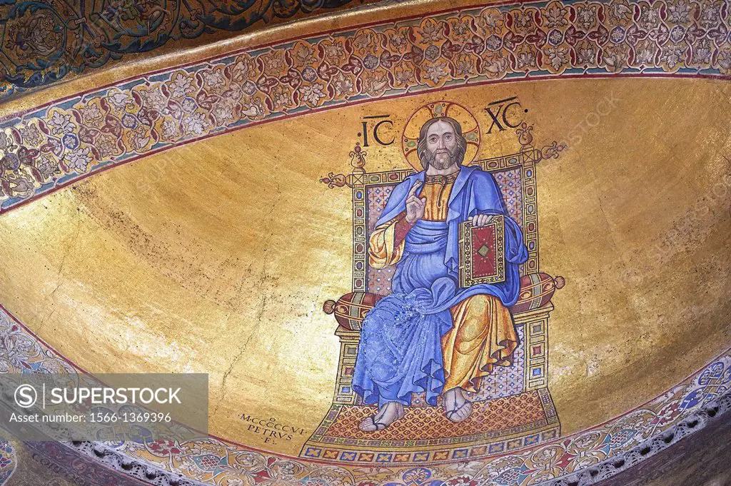 Moasic on the apse bowl-vault of Jesus Christ Pantocrator, lord of the universe, is a 1506 reworking of the original Byzantine type image by a renaiss...