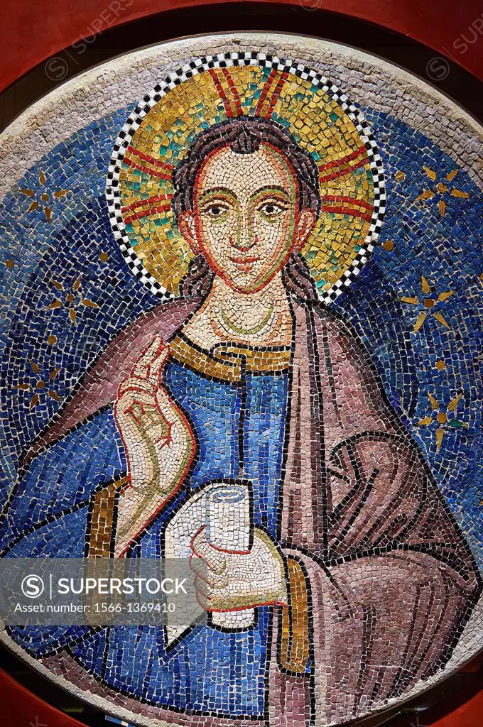 14th Century Mosaic of Jesus Christ Emmanuel, meaning ""God is with us"" a symbolic name which appears in chapters 7 and 8 of the Book of Isaiah, from...