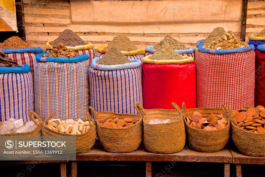 Rows of spices, for sale, Medina, , Marrakech, Morocco, North Africa.