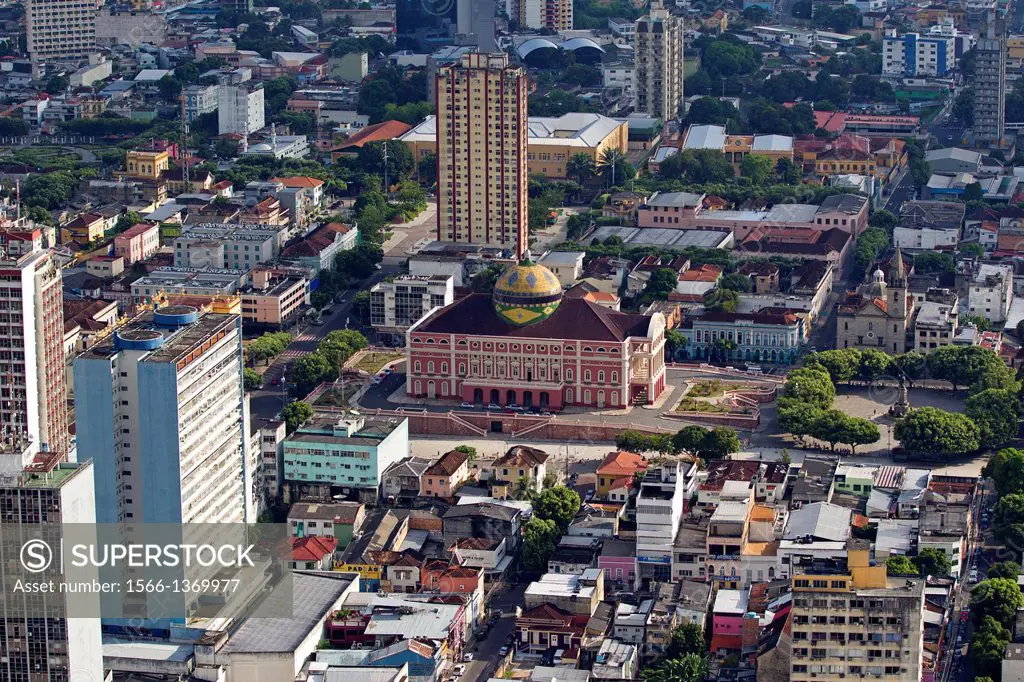 Brazil, Amazonas state, aerial view , Manaus, Praca Sao Sebastiao, Amazonas theater.