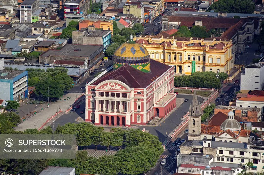 Brazil, Amazonas state, aerial view , Manaus, Praca Sao Sebastiao, Amazonas theater.