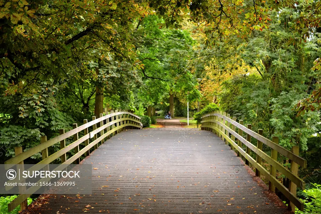 Foot bridge in the Stads Park in Maastricht´s old city. Leaves are beginning to change colour in autumn.