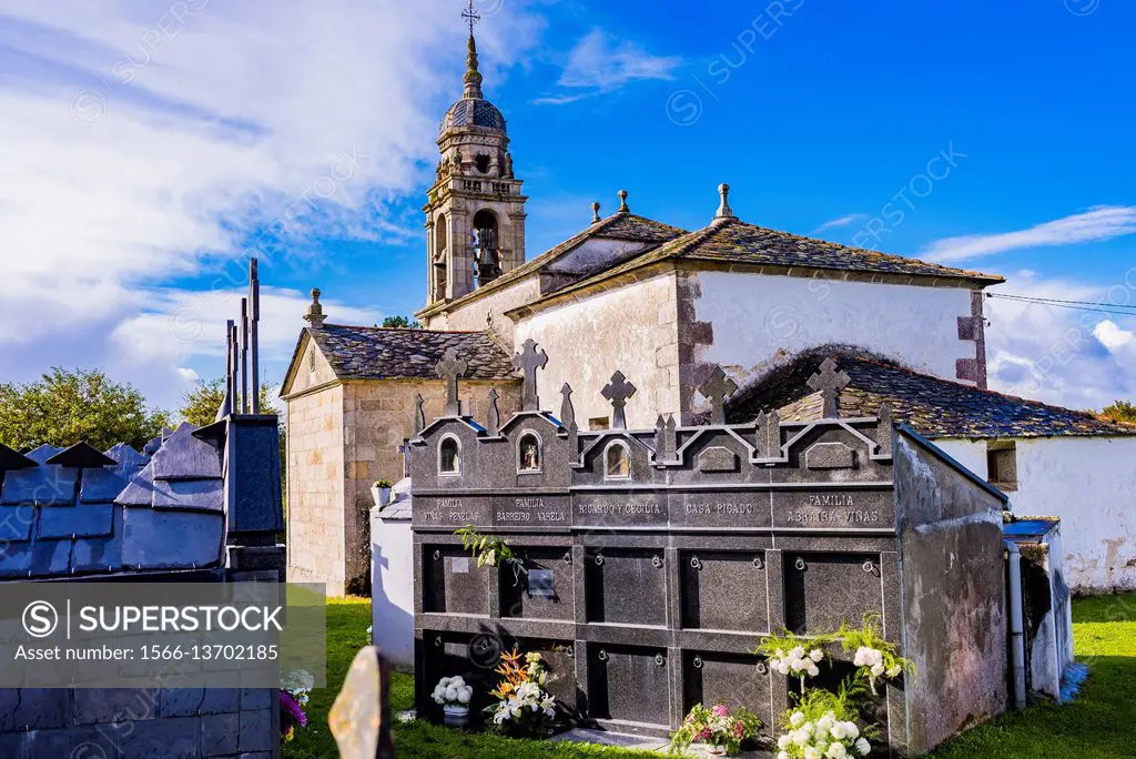 Church and cemetery of Santa Maria de Muxa, parish in the municipality of Lugo, in the province of Lugo. Galicia, Spain, Europe.