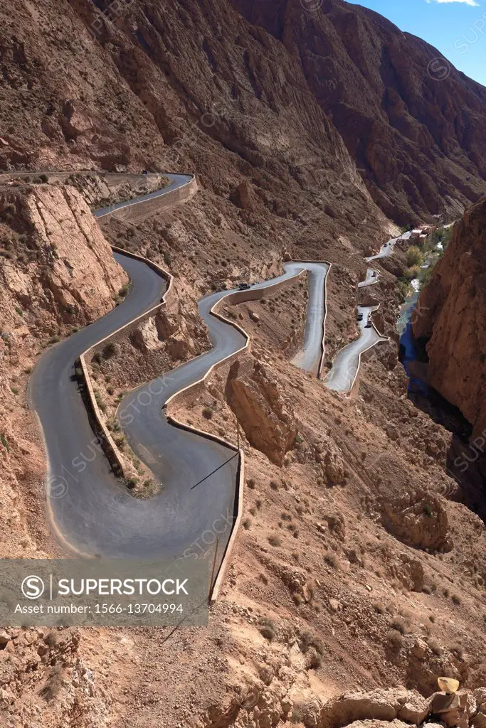 Mountain Road, Winding road, Dades Valley, Sinuous road, Dades Gorges, High Atlas, Morocco.
