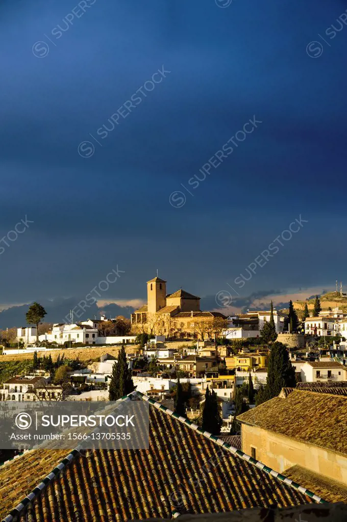 San Cristobal church and overview of the Unesco listed Albaicin quarter in Granada, Andalusia, Spain.
