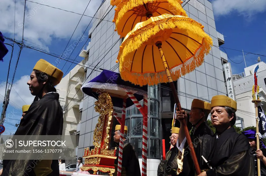 Naha, Okinawa, Japan, procession during the inauguration of a new Confucian temple in Matsuyama neighborhood