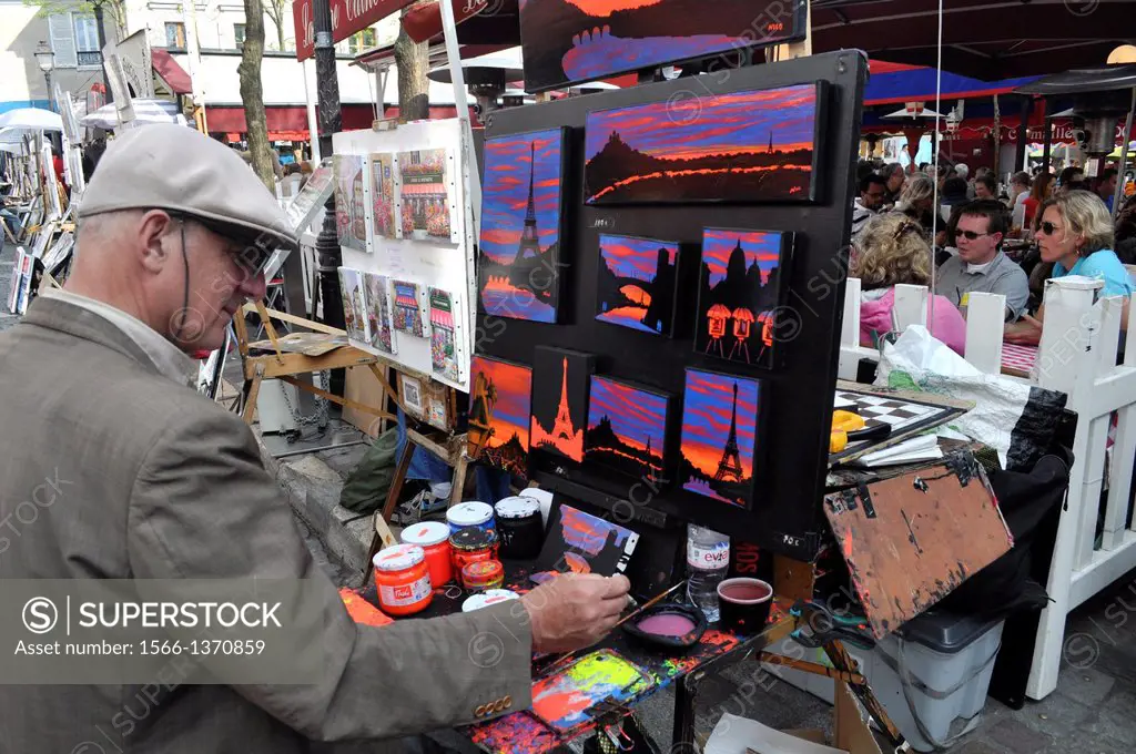Paris, France, painter and tourists in Place du Tertre, Montmartre