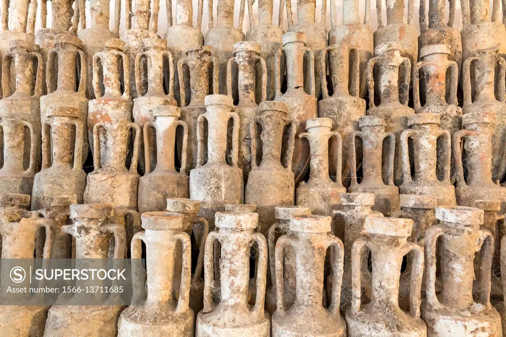 Antique amphoras, Museum of Roman ship, Albenga, Province of Savona, Liguria, Italy.