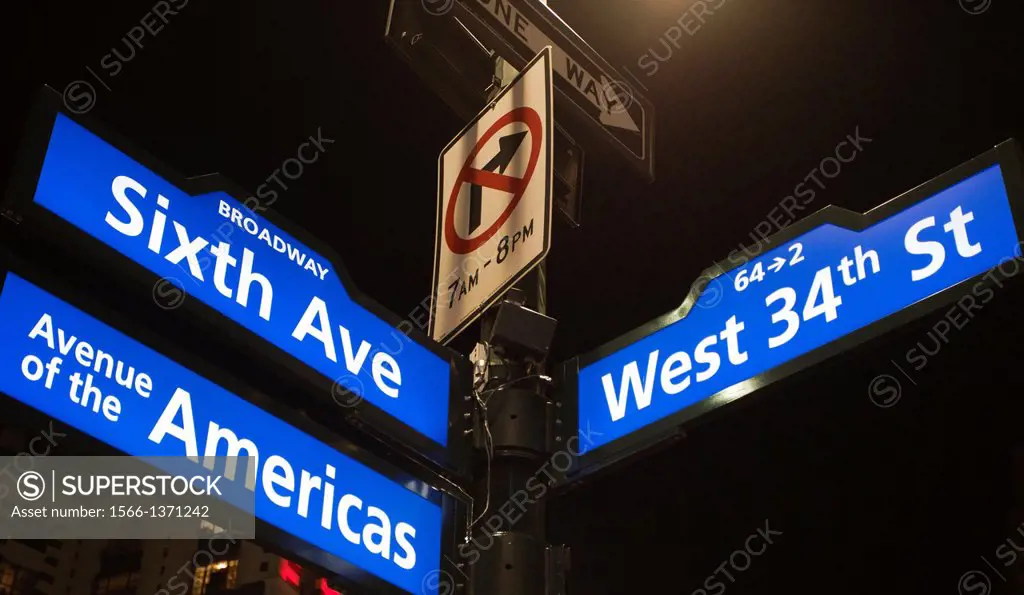 Street sign, Sixth Avenue, West 34th Street, Avenue of the Americas, Midtown, Manhattan, New York, New York City, United States, USA