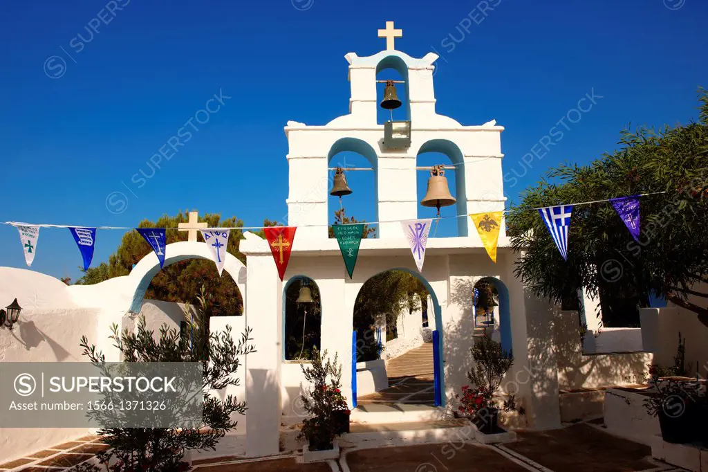 Bell tower entrance of the Greek Orthodox monastery of Kalamos, Ios, Cyclades Islands, Greece.