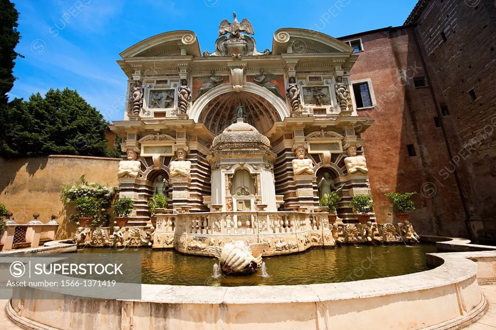 The Organ fountain, 1566, housing organ pipies driven by air from the fountains. Villa d'Este, Tivoli, Italy - Unesco World Heritage Site.