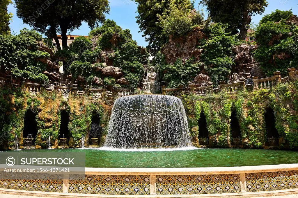 waterfall of The oval fountain, 1567, Villa d'Este, Tivoli, Italy - Unesco World Heritage Site.