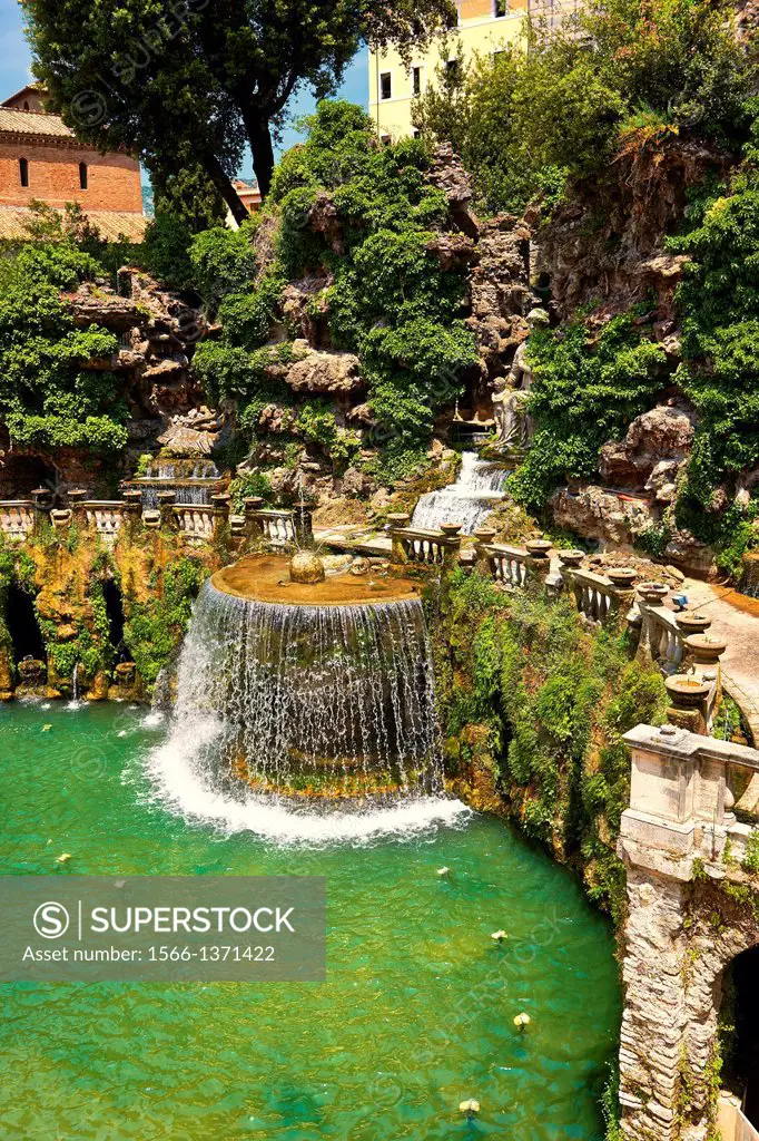 waterfall of The oval fountain, 1567, Villa d'Este, Tivoli, Italy - Unesco World Heritage Site.